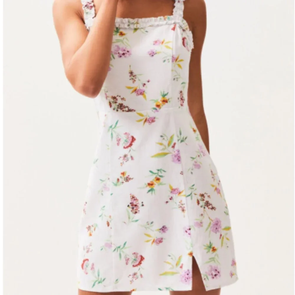 LA Hearts Linen Ruffle White Floral Spring Mini Dress - Picture 3 of 11